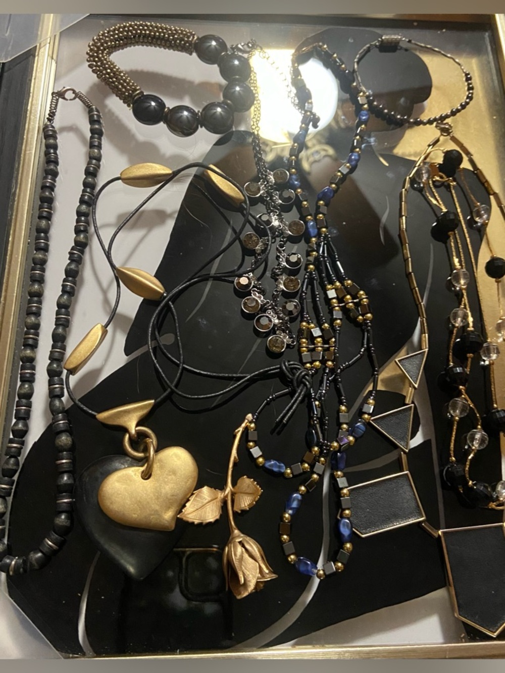 Gold & Black Jewelry Lot  - 6 Necklaces- 2 bracelets-1 Brooch
